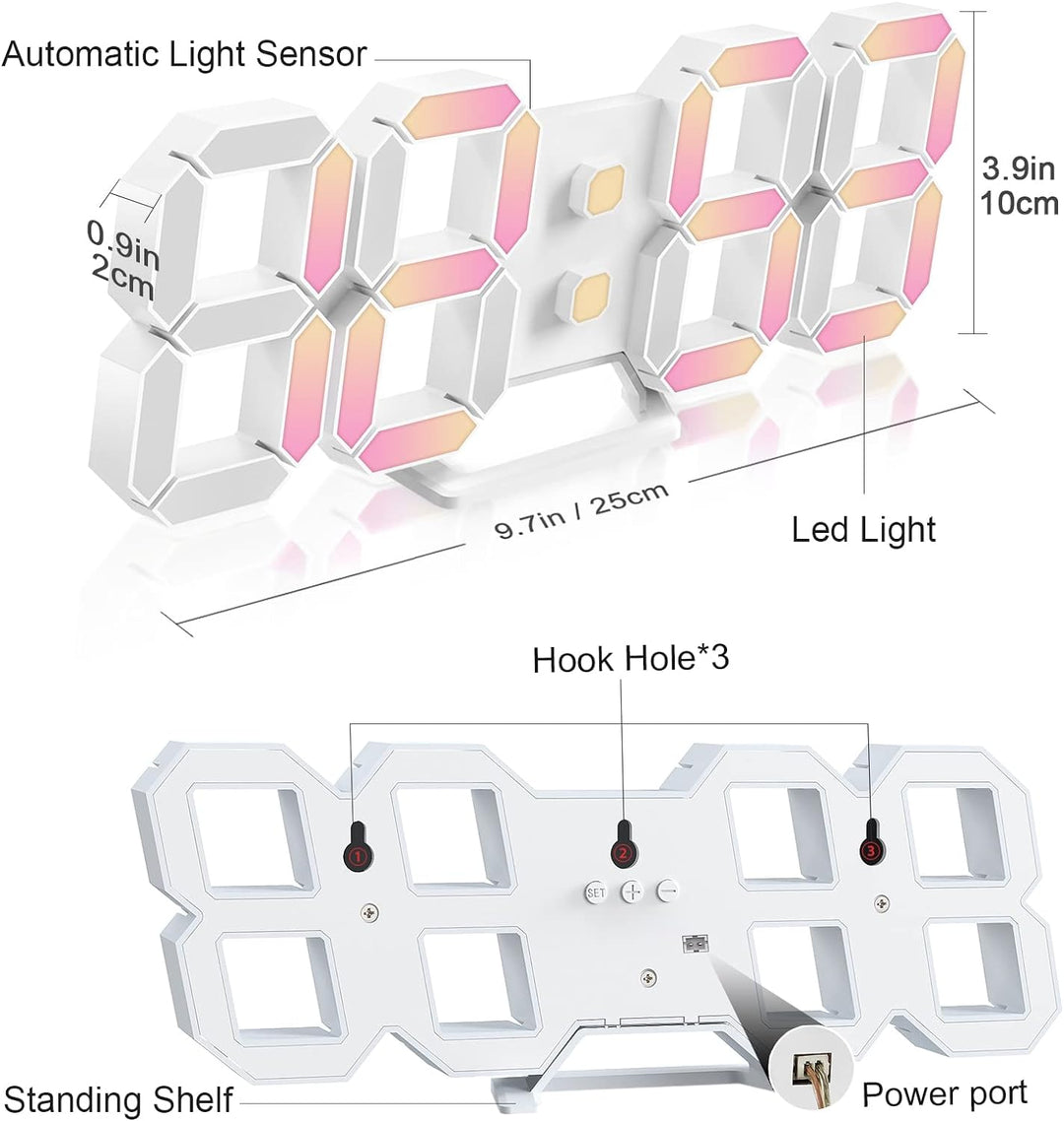 Deeyaple LED Wanduhr Digital Wecker 3D Uhr Dimmbar Snooze USB 12/24Stunden Datum Temperaturanzeige F