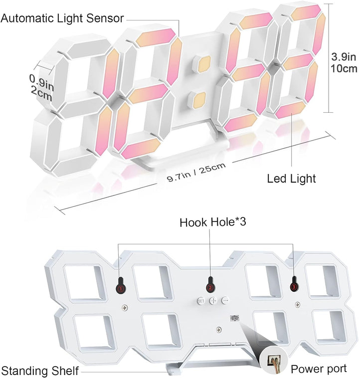 Deeyaple LED Wanduhr Digital Wecker 3D Uhr Dimmbar Snooze USB 12/24Stunden Datum Temperaturanzeige F