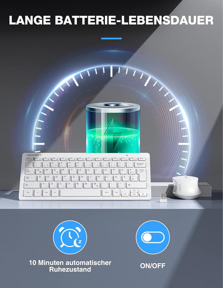 TECKNET Kabelloses Tastatur Maus Set, Deutsch QWERTZ Layout, 2.4 GHz Funk Mini Tastatur Mouse, 15m R