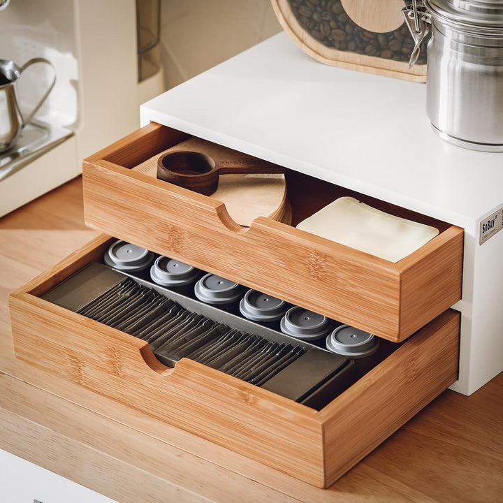 SoBuy® FRG180-WN Kaffeekapsel Box aus MDF und Bambus Kapselspender Kapselständer mit 2 Schubladen Au