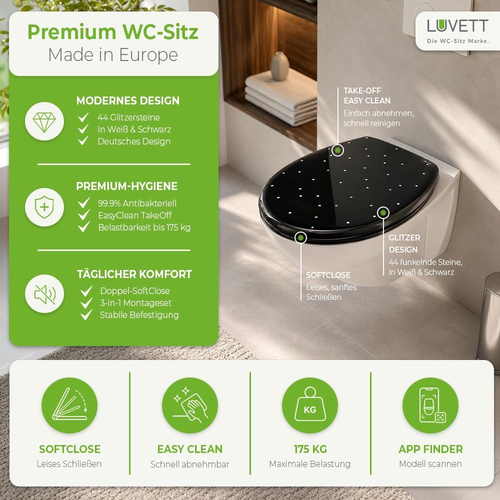 LUVETT® WC-Sitz S100 mit Glitzer-Steinen, oval, mit Absenkautomatik SoftClose®, abnehmbar, antibakte