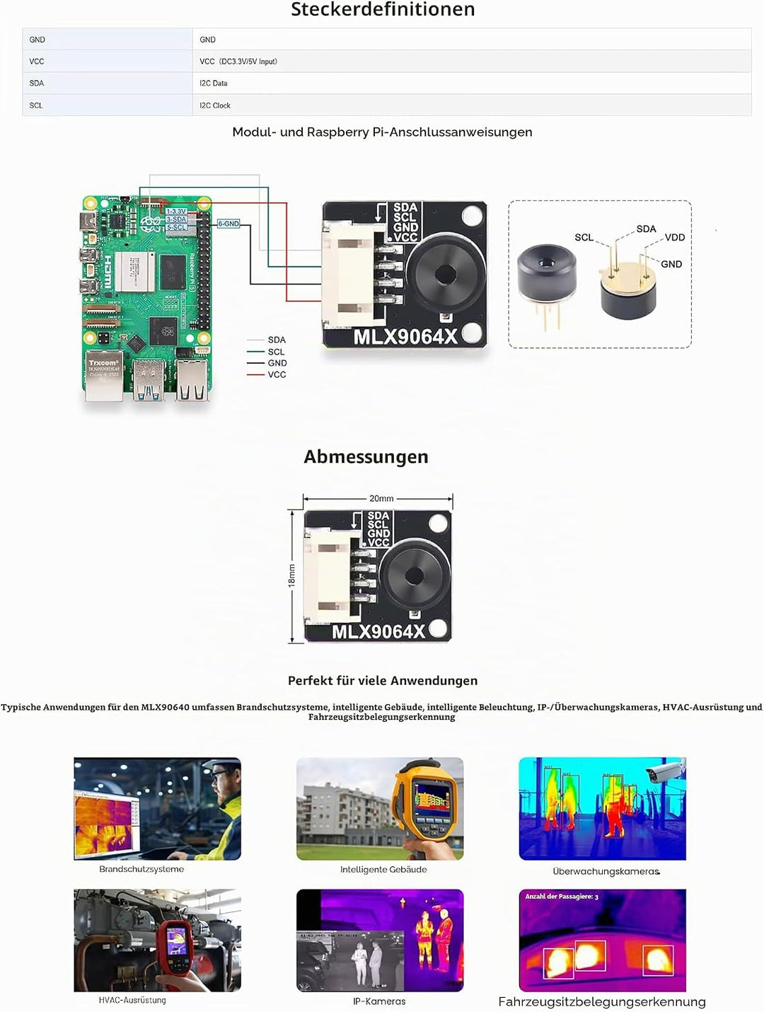 MLX90640 IR Array Thermal Imaging Camera Module for Raspberry Pi, 32 x 24 Pixels, 110° Field of View