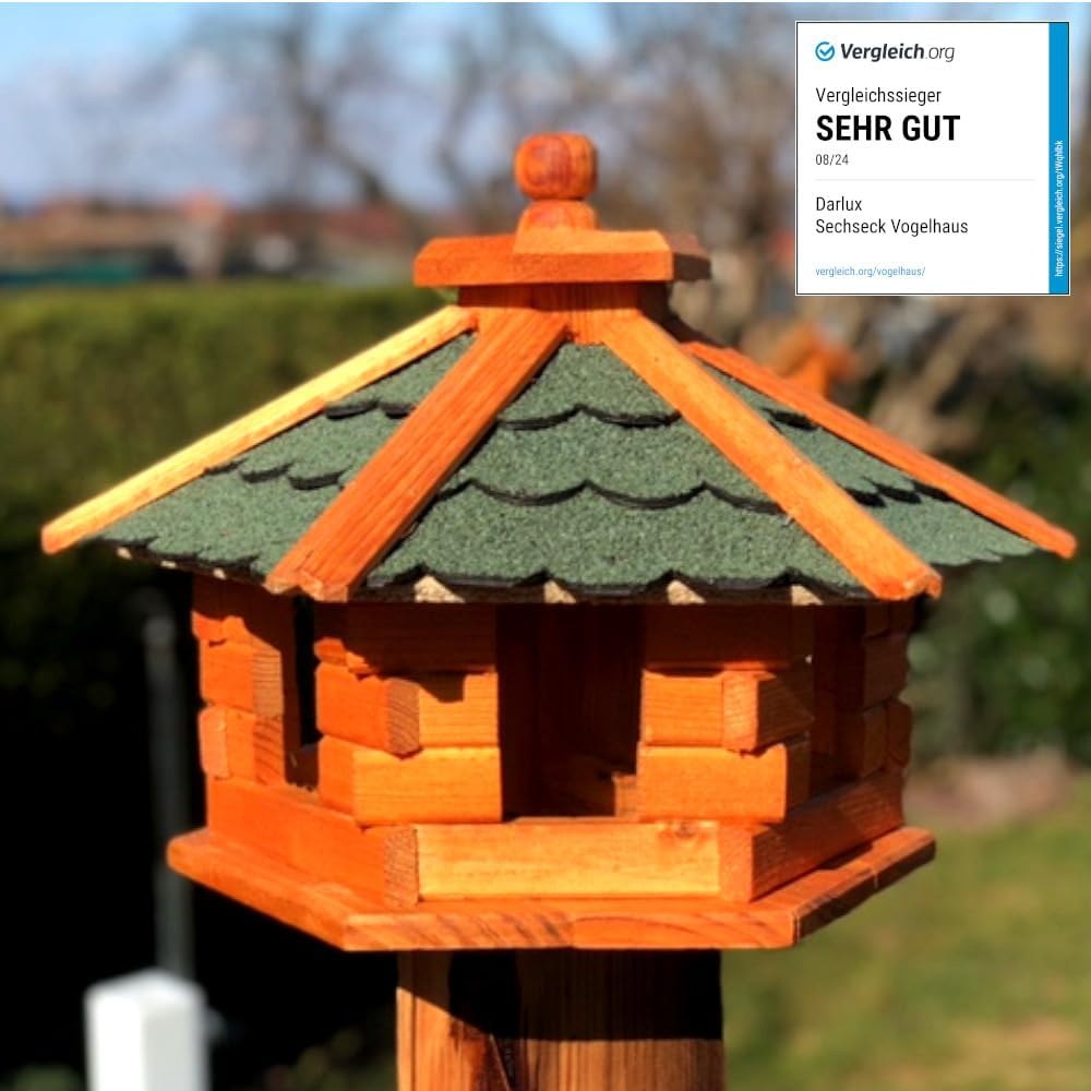 Handgefertigtes Sechseck Vogelhaus aus Holz wetterfest M - XXL mit und ohne Ständer, Futterhaus, Fut