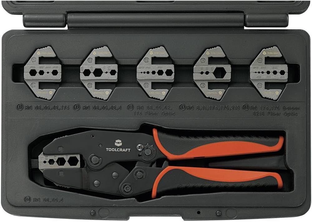 TOOLCRAFT PZ-505 818645 Crimpzange 7teilig Koaxial-Steckverbinder BNC, TNC, LWL-Stecker RG6, RG8, RG