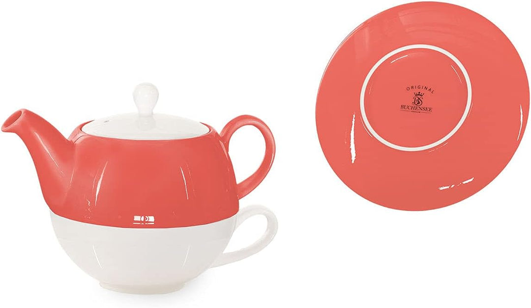 Tea for One mit Sieb Lena 500ml aus Crystal Bone China Porzellan in coralrot. Teekanne + Teetasse +