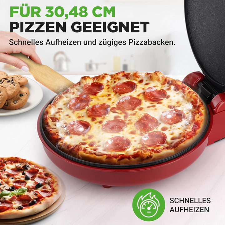 NutriChef Elektrischer Pizzaofen Rot – 1500W Kompaktgerät für 30cm Pizza Antihaftplatte für Pizza, T
