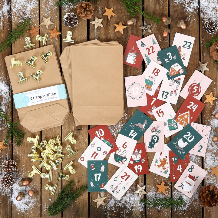 Papierdrachen DIY Adventskalender zum Befüllen - 24 Geschenktüten und 24 Visitenkarten mit Zahlen un
