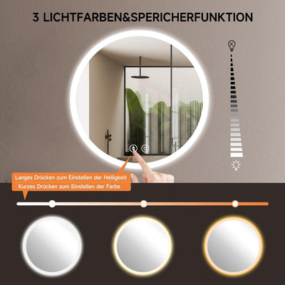 YOLEO Badspiegel rund mit Beleuchtung, LED Spiegel mit Touchschalter, Badzimmerspiegel LED Beschlagf