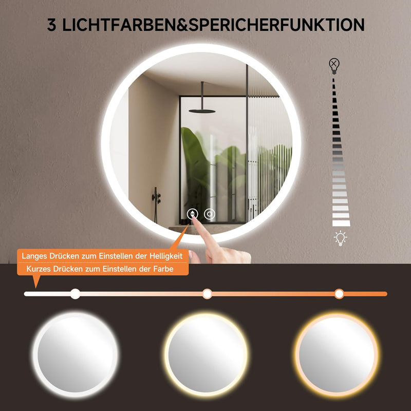 YOLEO Badspiegel rund mit Beleuchtung, LED Spiegel mit Touchschalter, Badzimmerspiegel LED Beschlagf