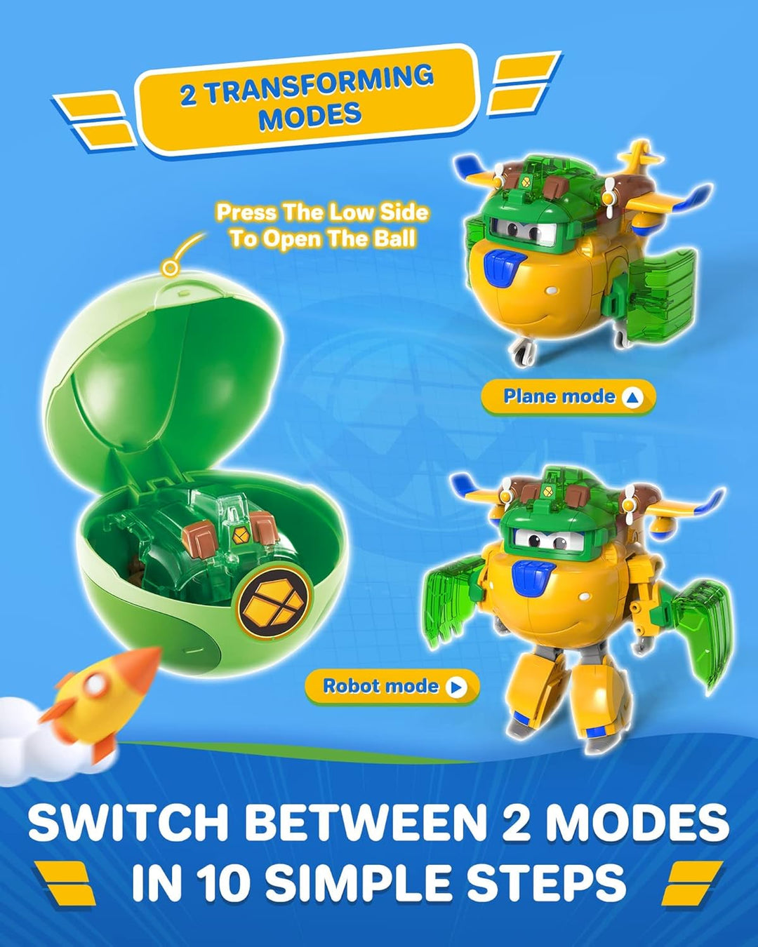 Super Wings Super Iron Donnie 5", Super Ball-Earth Power, Spielzeugflugzeug, Verwandelbares Spielzeu