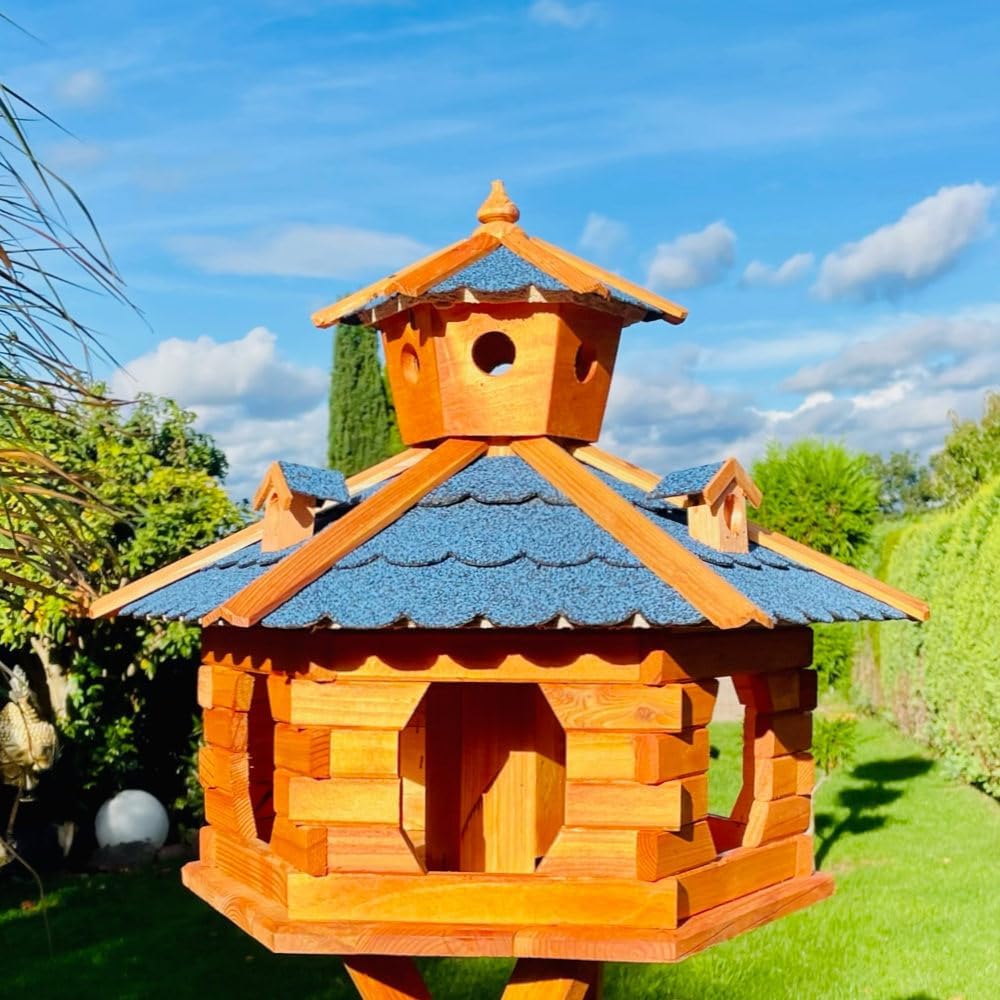 handgefertigtes Sechseck Vogelhaus aus Holz wetterfest M - XL mit und ohne Ständer, Futterhaus, Futt