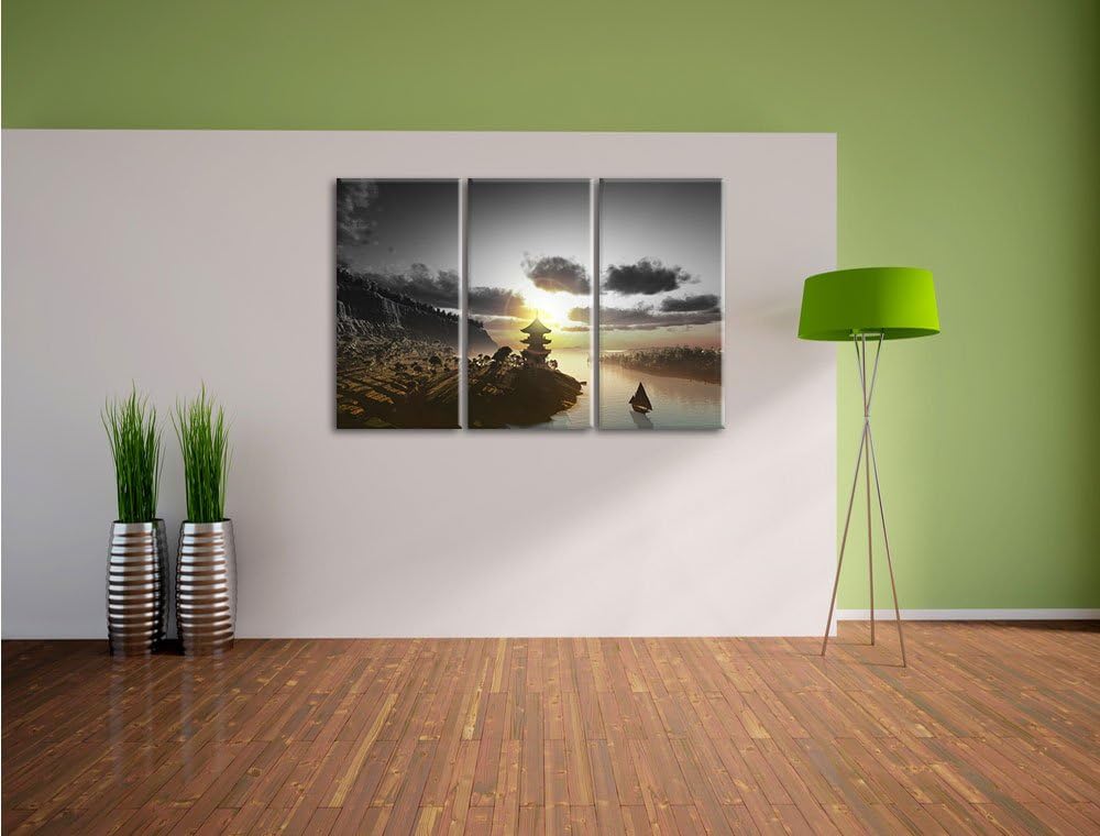 Pixxprint Chinesisches Haus am See / 3-Teilig/Gesamtmass 120cm Leinwandbild bespannt auf Holzrahmen/