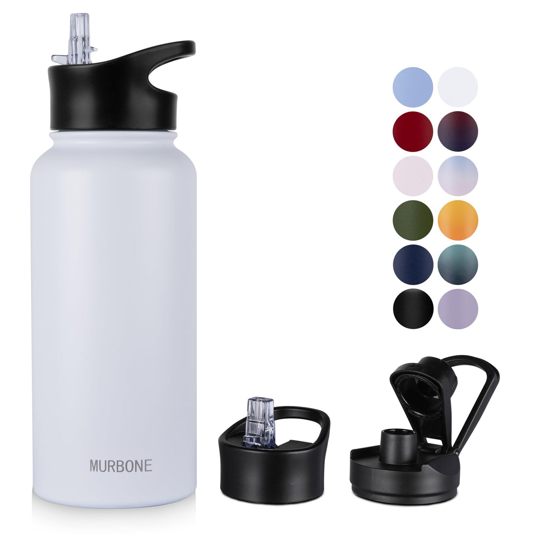 Edelstahl Trinkflasche 1L, (+2 Deckel)-mit Strohhalm,BPA frei,Thermosflasche Auslaufsicher,Kohlensäu