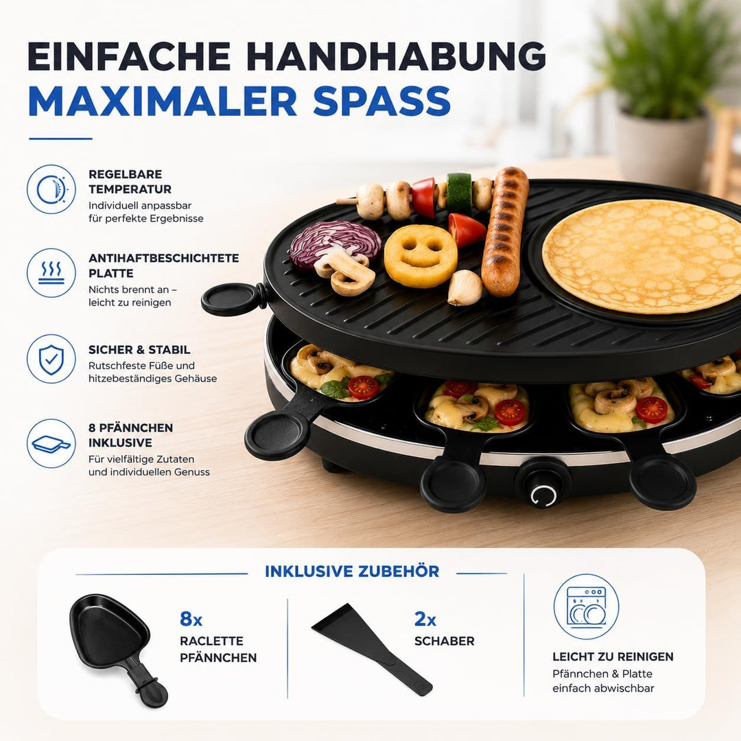 Raclette Set für 8 Personen - Grill oval - Mit Crepes Funktion - Tischgrill inkl. Pfännchen &amp; Schabe