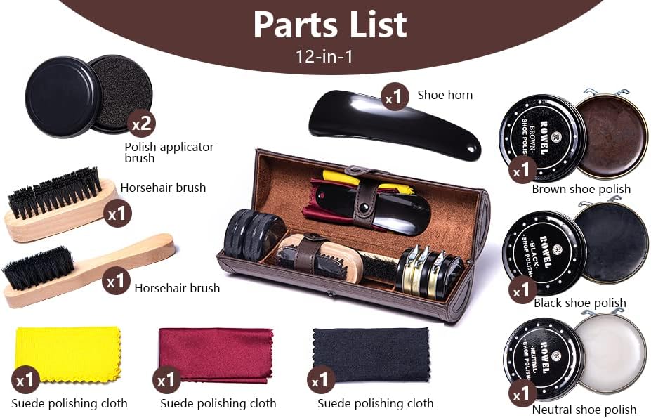 YUET Schuhputz-Set, Reinigung, Glanz, Pflege, Fass-Set für braunes schwarzes Leder, mit Bürste, Reis