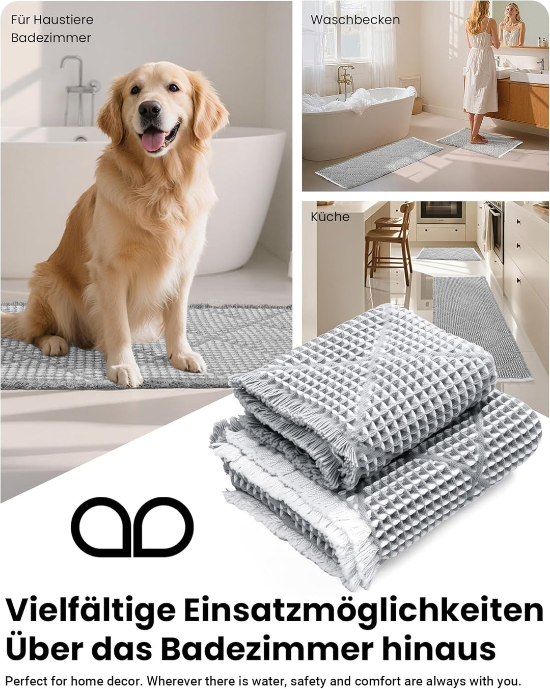 Grosses Badezimmerteppich Set 2 Teilig, Badteppich Rutschfest Waschbar, Badematte Grau, Boho Bathroo