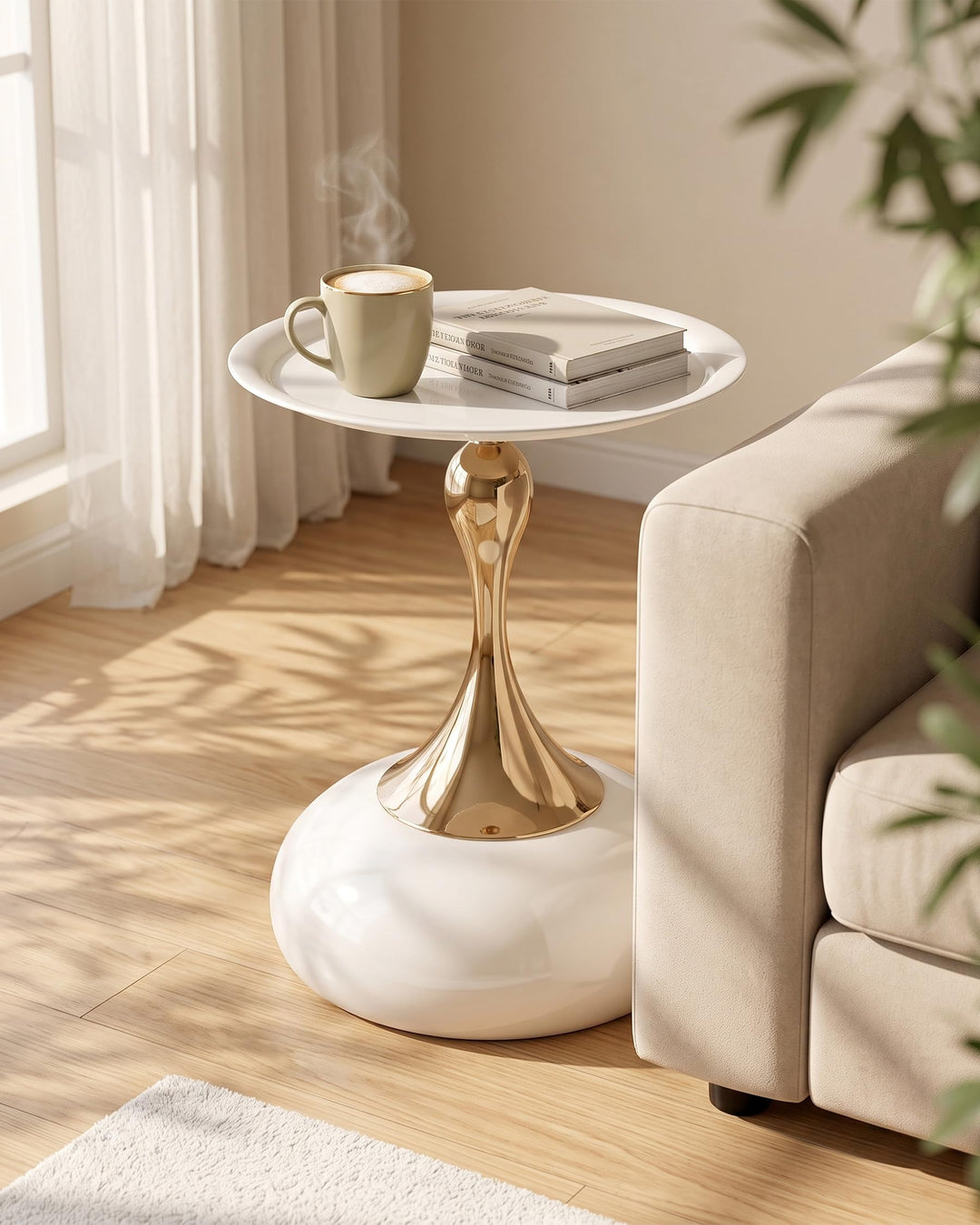 Couchtisch Beige Gold, Kleiner Couchtisch Rund Modern, Metall Beistelltisch Rund Gold, Luxus Nachtti