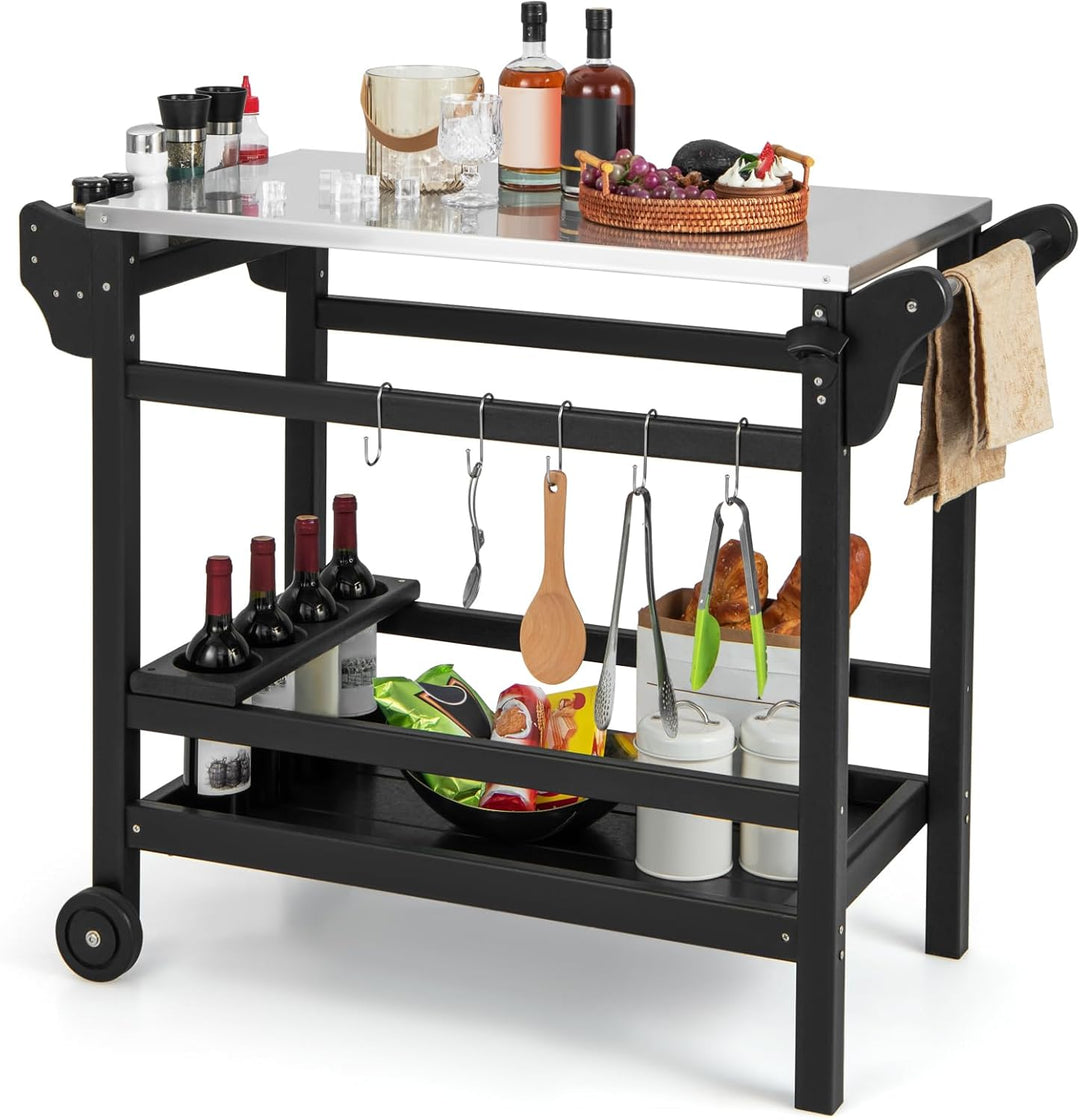 COSTWAY Grillwagen aus HDPE, Grilltisch mit Gewürztablett, Weinflaschenregal, Griff & 2 Rollen, Arbe