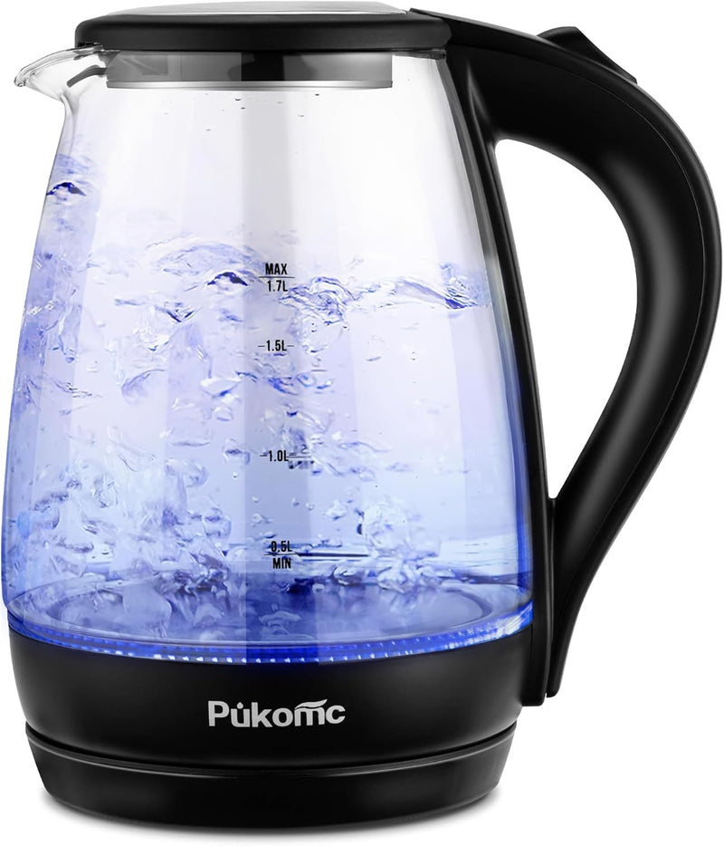 Pukomc Wasserkocher Glas mit Filter und Innendeckel, BPA Frei, 1,7 Liter, Kettle mit blau LED, Trock