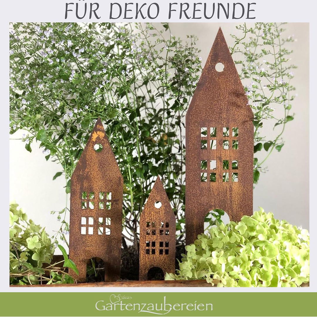 Storm's Gartenzaubereien Deko - Haus zum Stecken in Rostoptik 3er Set, Metall,Modern, Braun, Grün