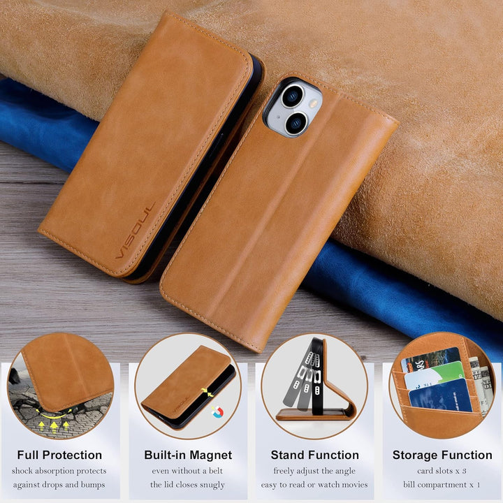 VISOUL Hülle für iPhone 15, Schutzhülle [Echt Leder] [Schützt vor Stoss] [Kartenfach] [Magnetverschl