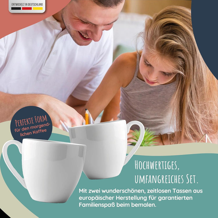 Veluxis TassenPoet Tassen-Malset mit 2 Keramik-Tassen (400 ml) & 6 edding Porzellanmalstiften inkl.