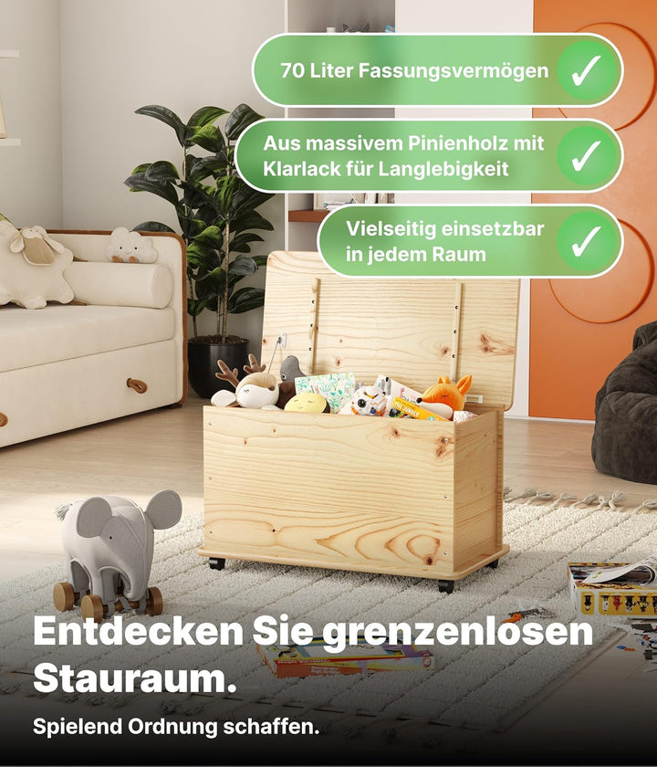 KMH®, grosse Spielzeugkiste auf Rollen aus massivem Pinienholz (Natur)
