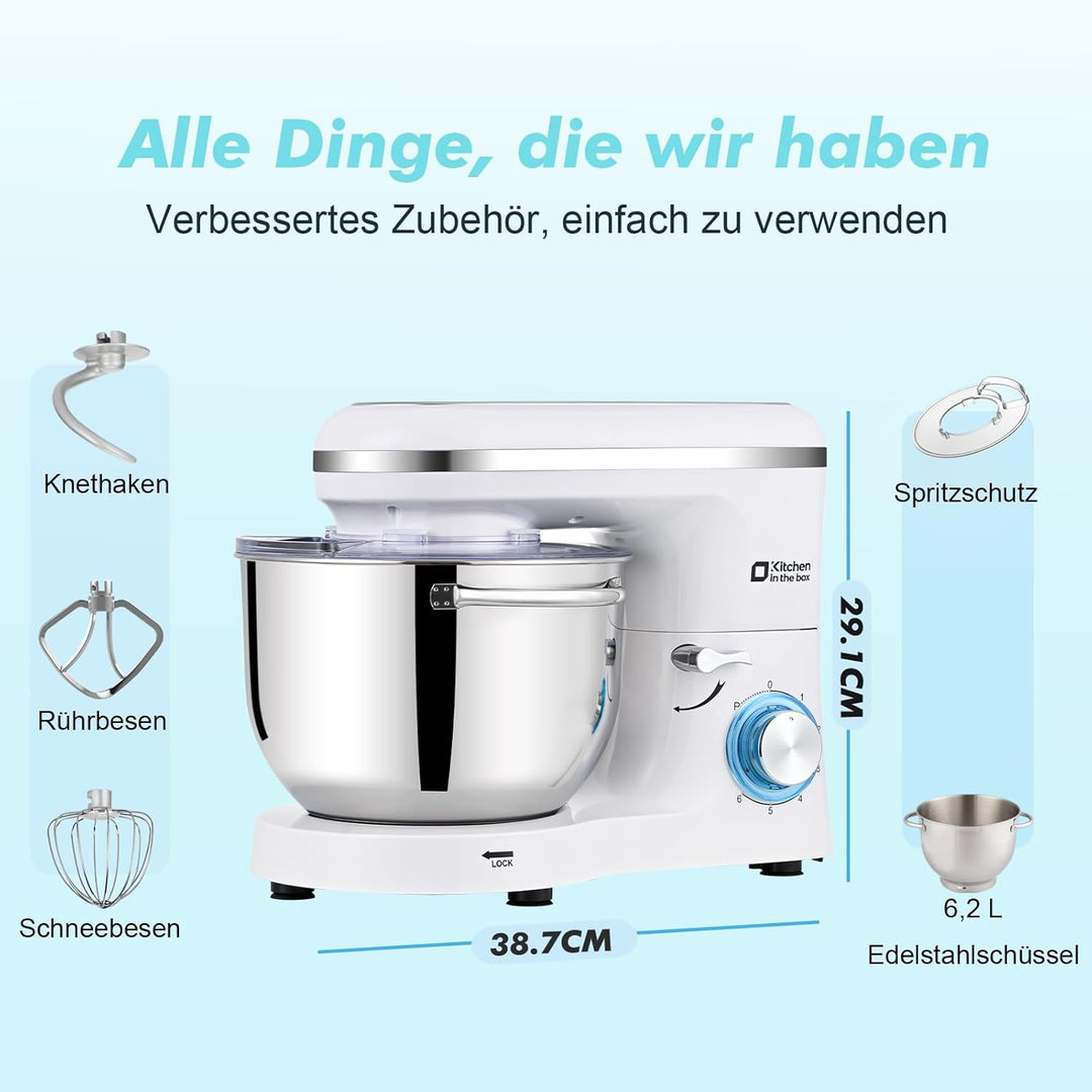 Kitchen in the box Küchenmaschine, 6,2 L Knetmaschine 1400 W, 6 Geschwindigkeits Teigmaschine mit Rü