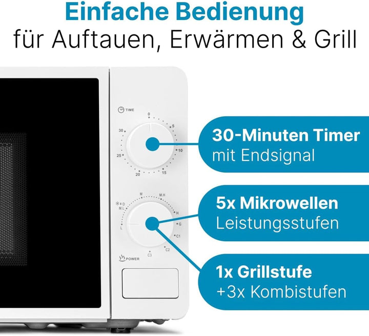 Clatronic® Mikrowelle mit Grill | 800 Watt | 5 Stufen | 20 Liter Garraum | 360° Drehteller | Timer m