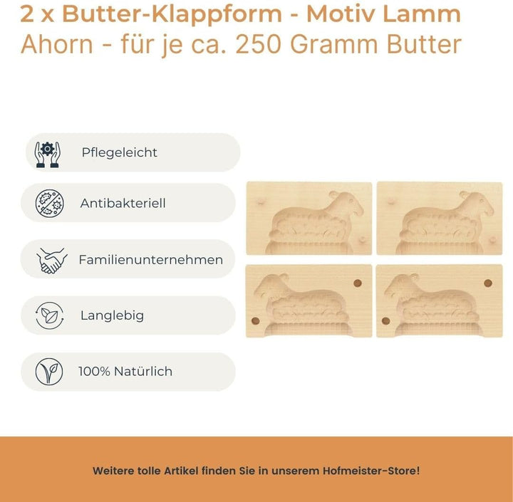 2X HOFMEISTER® Butter-Klappform, 2-teilig, Lamm, 14 cm, handgeschnitzt in Deutschland, Butterform zu