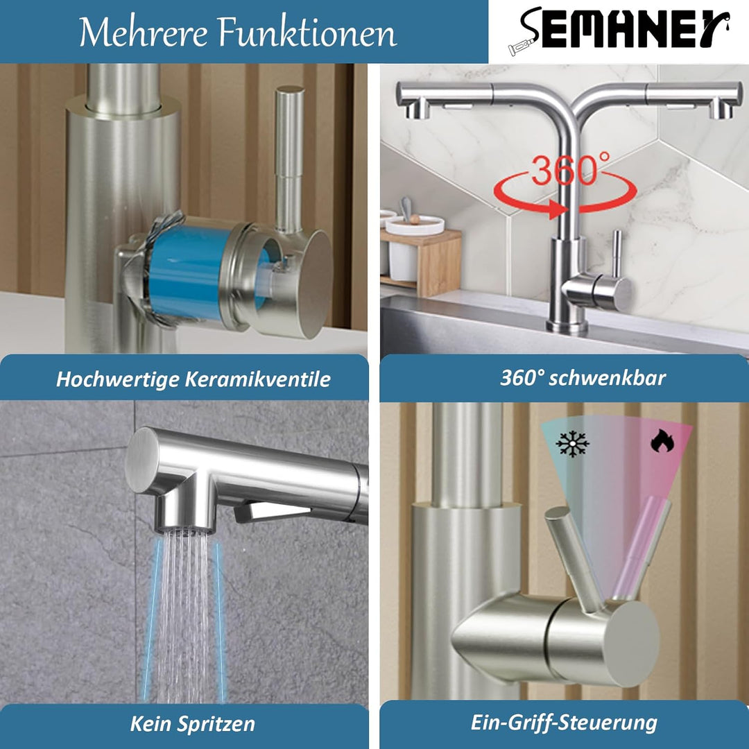 Hochdruck Wasserhahn Küche ausziehbar, SEMANEY 2 Modi Küchenarmatur mit Brause Ausziehbar, 360° Schw