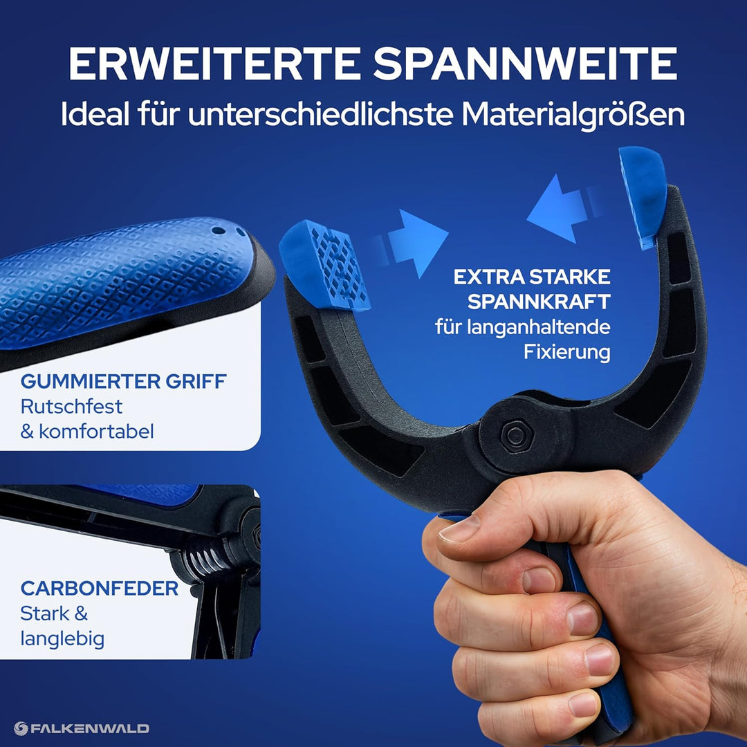 Falkenwald® Klemmzwingen 12er Set für Leimen, Pool, Fotografie mit grosser Spannweite - Klemmzwinge