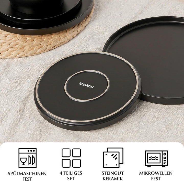 MIAMIO - Teller Set, 4er Set Speiseteller (26 cm) - Luxe (Schwarz) | Modernes Keramik Teller Set, Te