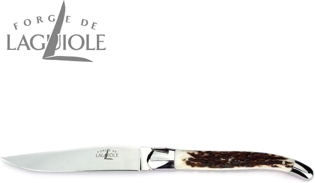 Forge de Laguiole - 2er Set Steakmesser - Griff Hirschhorn - Edles Steakbesteck - Stahl glänzend