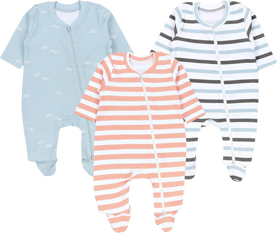 TupTam Unisex Schlafstrampler 3er Pack Baumwolle mit Reissverschluss 56 Streifen Beige Grau Blau, 56