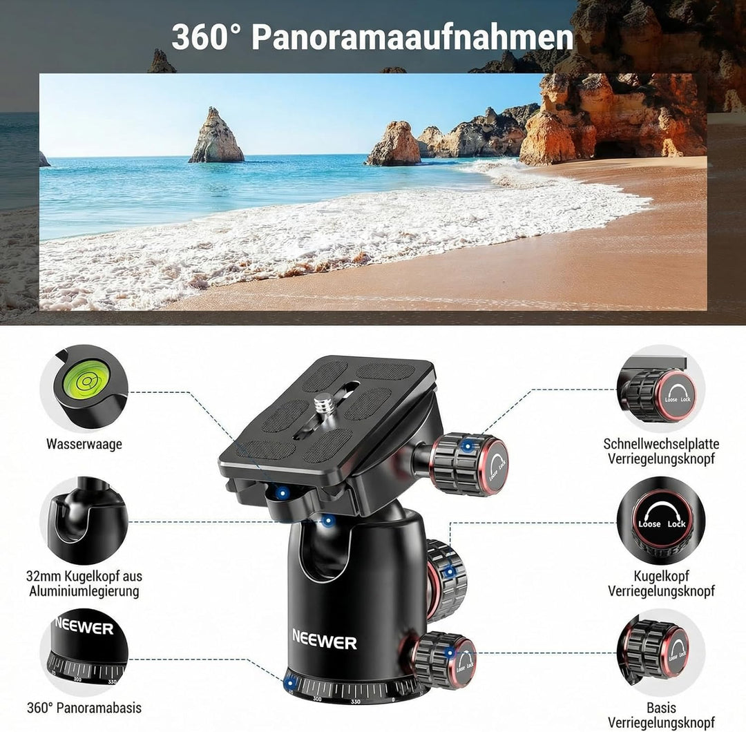 NEEWER 90 Zoll hohes horizontales Kamerastativ Einbeinstativ mit Kugelkopf, Metall DSLR Video Reises