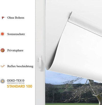 Eurohome Verdunkelungsrollo Thermo Rollo 100x160cm (Stoffbreite 96 cm) Weiss Klemmfix ohne Bohren mi