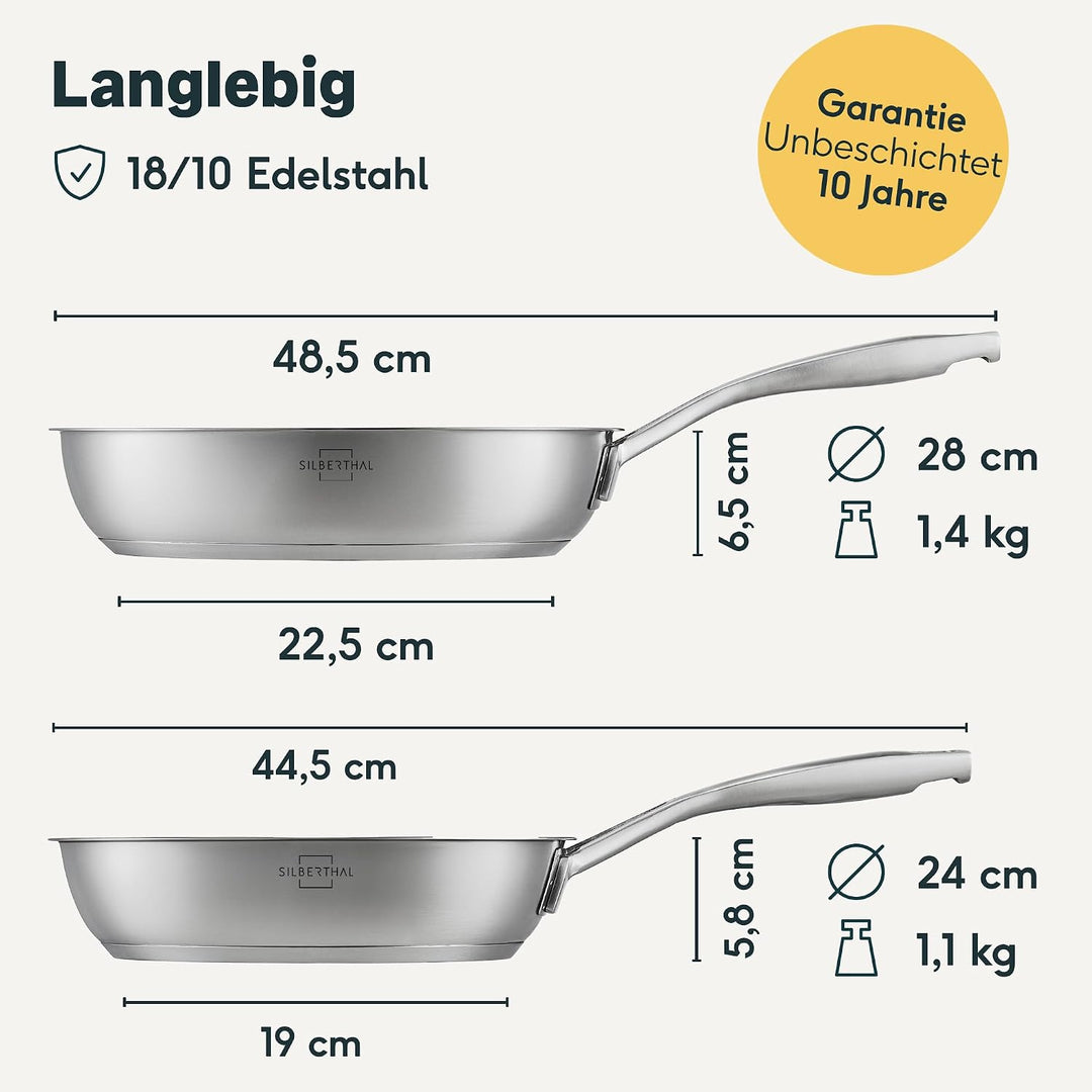 SILBERTHAL Pfannen Set 2 teilig - Edelstahlpfanne Unbeschichtet & Beschichtet - 24 cm und 28 cm - In