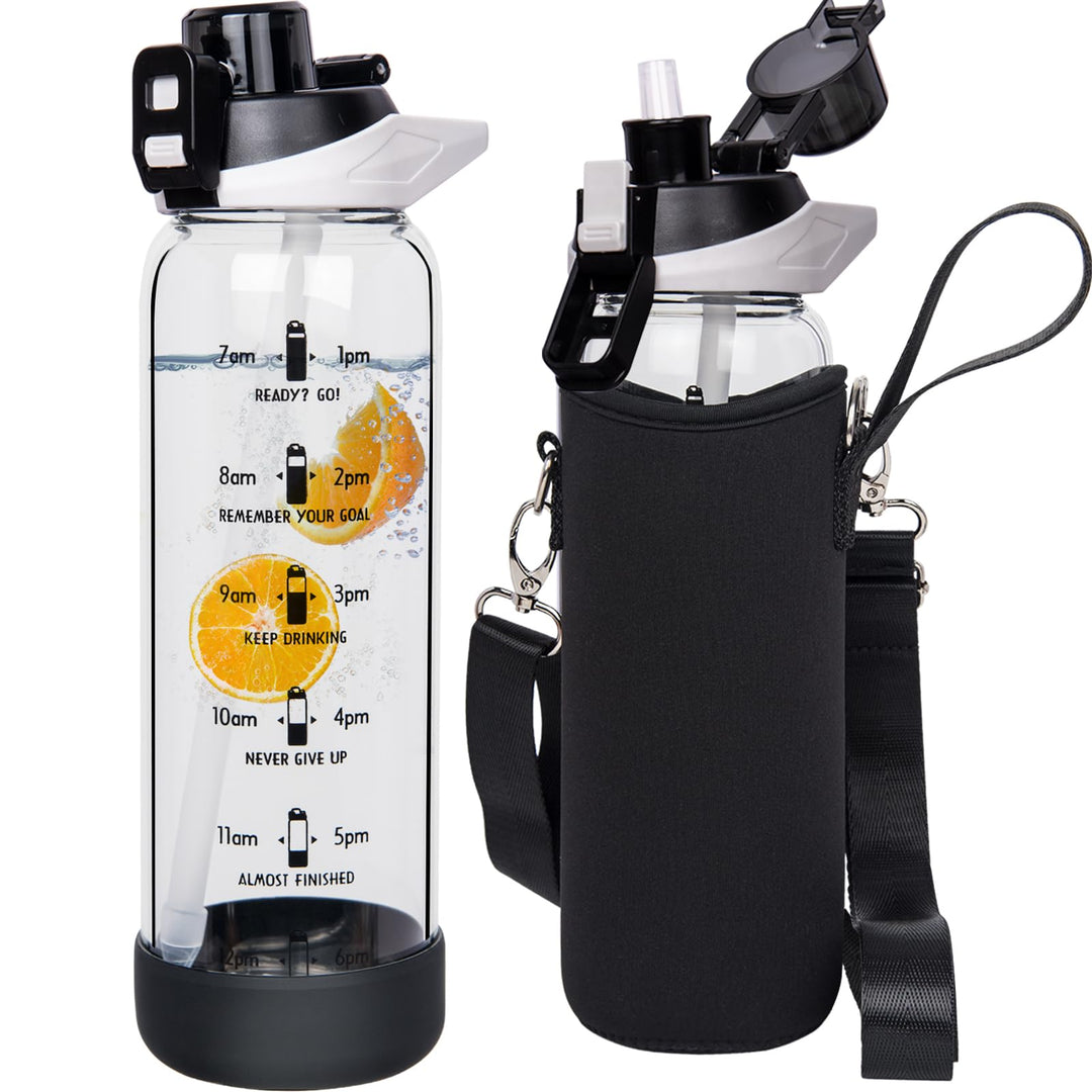 Seekua 0.8l Sport Trinkflasche Glas Flasche mit Strohhalm &amp; Zeitmarkierung 800ml auslaufsicher bpa f