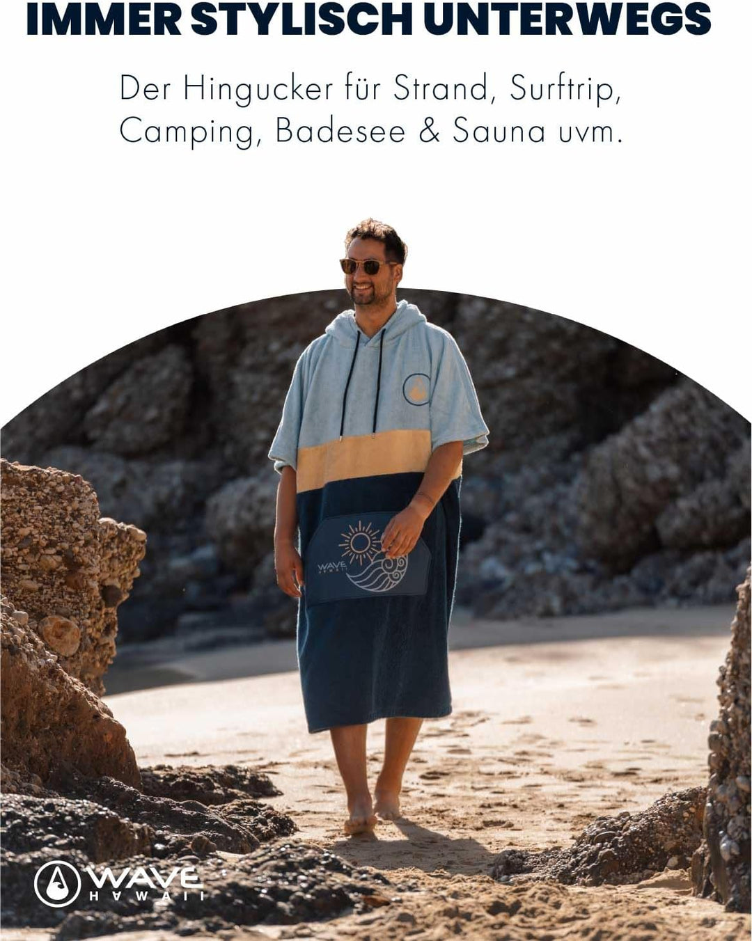 WAVE HAWAII Barravento Surfponcho für Körpergrössen 160-190 cm Poncho 100% ÖKO Baumwolle Velours Umk