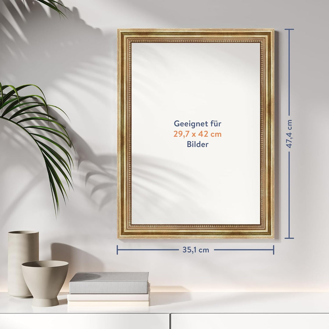 WANDStyle Bilderrahmen Antik 30x42cm DIN A3 I Farbe: Gold I Holzbilderrahmen I Fotorahmen I Goldener