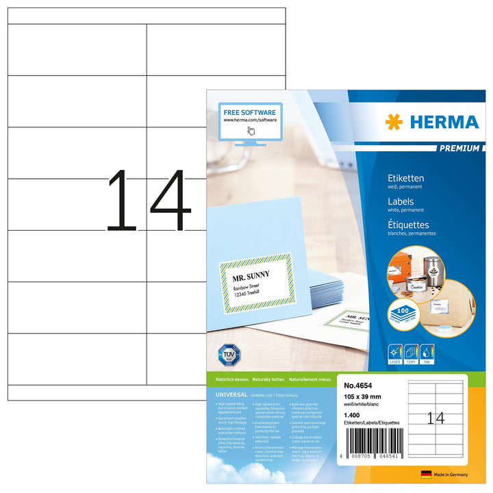 HERMA 4654 Universal Etiketten, 100 Blatt, 105 x 39 mm, 14 Stück pro A4 Bogen, 1400 Aufkleber, selbs