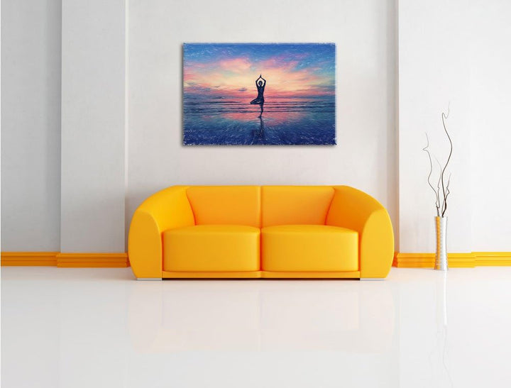 Pixxprint Yoga am Strand / 100x70cm Leinwandbild bespannt auf Holzrahmen/Wandbild Kunstdruck Dekorat