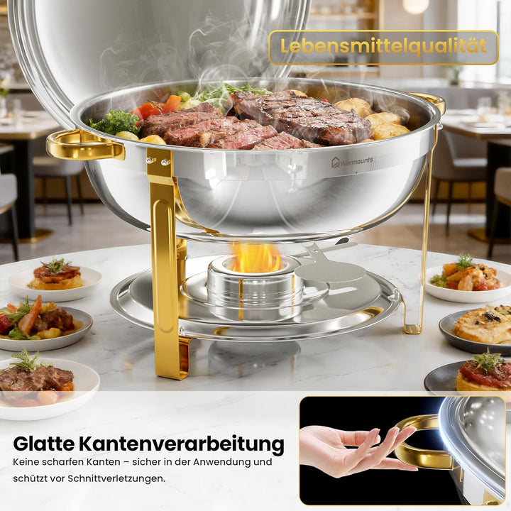 WARMOUNTS Chafing Dish 4er Set 7,5L, Speisenwärmer Buffet Rund Edelstahl mit Gold-Akzenten & Deckelh