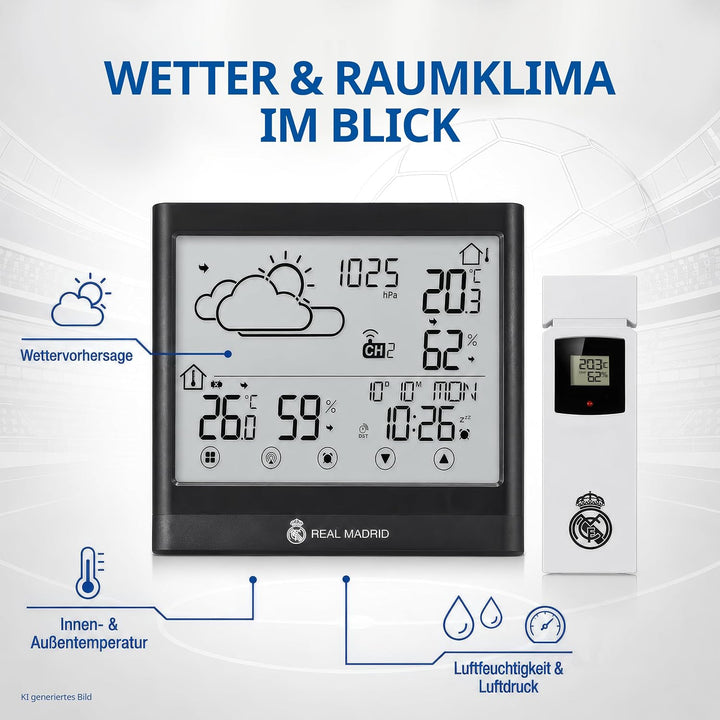 Real Madrid Wetterstation mit Aussensensor, Touch-Display, Frostwarnung, DCF-Signal, Weiss