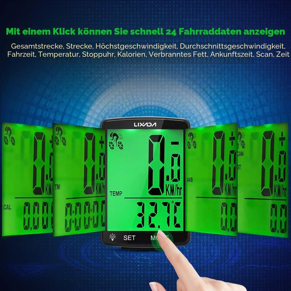 Lixada Fahrradcomputer Drahtloser multifunktionaler LCD-Bildschirm Fahrrad Regendichter Tachometer K