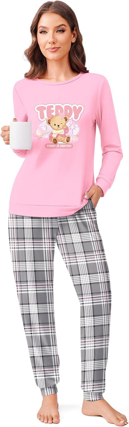 Ekouaer Schlafanzug Damen Lang Kuschelig Pyjama Set mit Bündchen Kariert Pyjamahose mit Tasche Pink