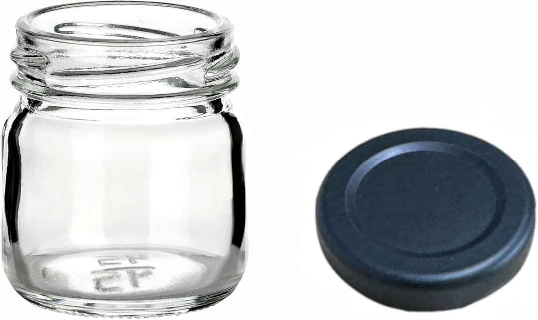 gouveo 48er Set Einmachgläser 40 ml Mini mit Schraub-Deckel schwarz - Mini Vorratsgläser mit Drehver