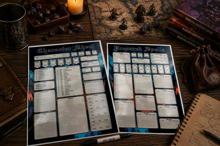 2 Wiederverwendbare RPG Charakterbögen – 4 laminierte A4 Character Sheets (8 Seiten), Wet-Erase-Stif