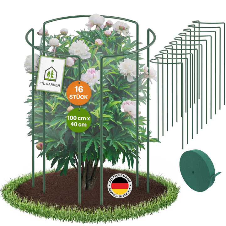 TTL GARDEN Strauchstützen 100cm x 40cm 16er Set + Klettband - Pflanzenstütze Stahl rostfrei Kunststo